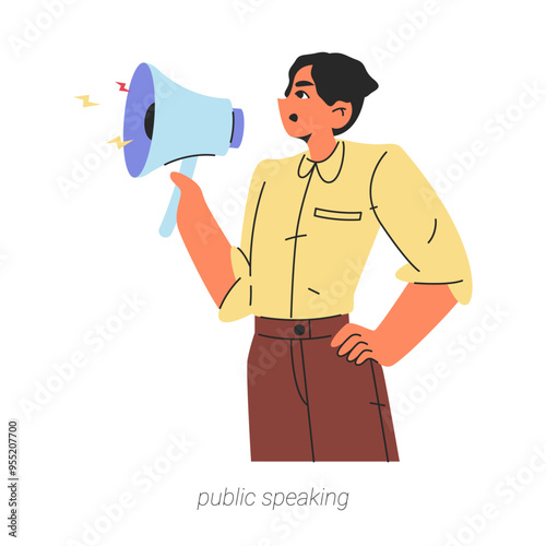 Public speaking soft skill for work, business and career. Vector isolated flat cartoon character, personality ability to communicate clearly to target audience. Man with megaphone talking