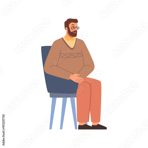 Positive relaxed male personage sitting on chair. Vector flat cartoon character in comfortable armchair resting or talking. Man waiting in line, isolated guy with beard and glasses, boss