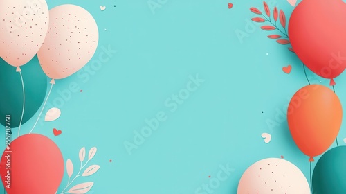 Colorful balloons and confetti frame a pink background, perfect for birthday celebrations or party invitations.