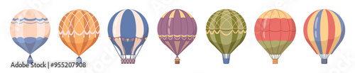 Aerial hot air balloons flat set. Vector transportation with flight. Flying airballoons for traveling. Transport floating aerostats for sky adventure. Symbol of dreams and journey, wanderlust photo