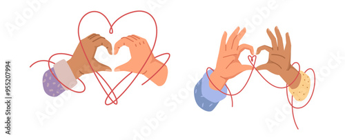 Couple holding hands and showing heart gesture. Vector isolated boyfriend and girlfriend on date, bonding and spending time. Fate and destiny of man and woman, romantic feelings expression