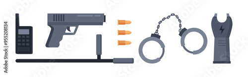Police equipment or sheriff items set. Vector isolated gun and handcuff, walkie talkie and baton or truncheon, taser and bullets. Security and protection, officer profession. Law enforcement items
