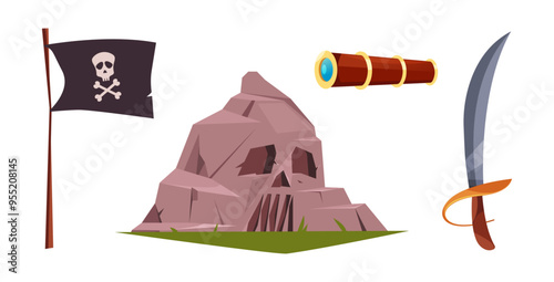 Rocky hills with skull carving, pirate flag and sword for fighting with enemies. Vector isolated set of game design elements, cartoon power or energy bar. Scary scene for playing, treasure hunt