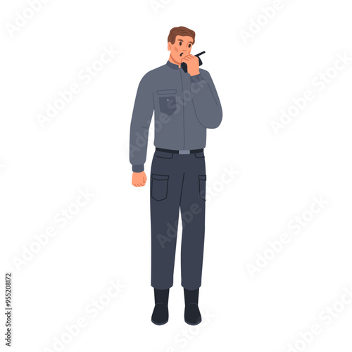 Policeman speaking through walkie talkie to partner. Vector flat cartoon character, isolated officer or cop, security guy and law enforcement worker wearing uniform. Protection and safety