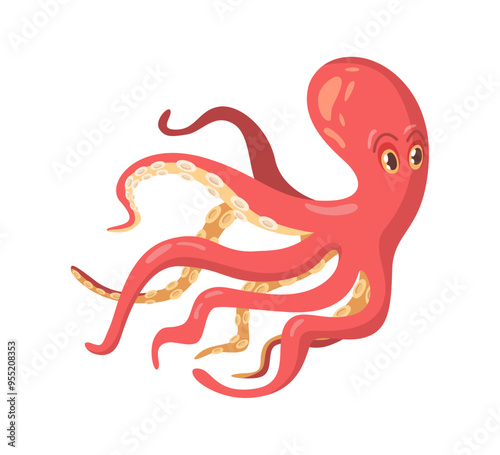 Kraken octopus with tentacles, underwater animal with sucker limbs, flat cartoon funny creature. Vector illustration of marine sea and ocean funny red squid, aquatic cuttlefish