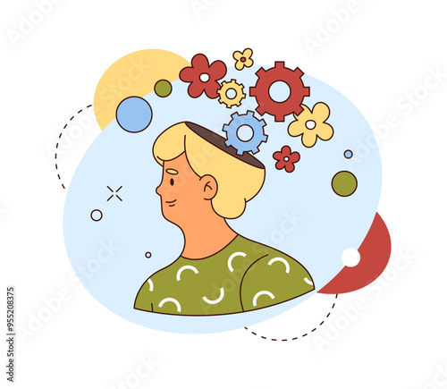 Psychological and mental health, embracing self, cognition and acceptance. Vector flat cartoon character with cogwheels in brain. Psychology treatment and therapy, session and healthcare