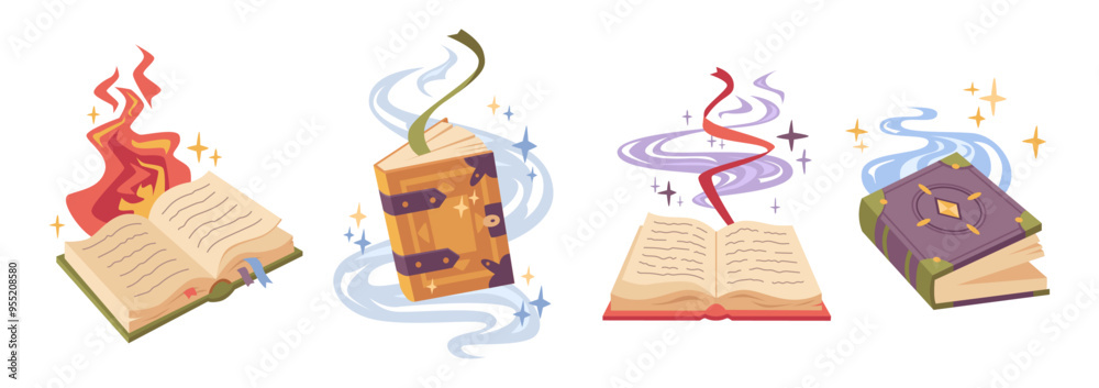 Witch or wizard magic spell book or manuscript. Vector flat cartoon style, isolated fantasy books with glowing and sparks. Open grimoires of witchery and sorcerers. Ancient mystery library