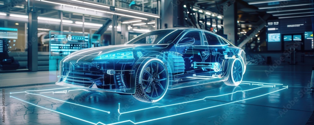 Futuristic electric car design in a high-tech automotive factory, showcasing advanced technology and innovation in the electric vehicle industry. Futuristic electric car design in a high-tech automotive factory, showcasing advanced technology and innovation in the electric vehicle industry.