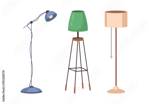 Illumination for house, dwelling or apartment. Vector isolated set of lamps with shades. Accessories for home interior decoration. Minimalist or bohemian, loft or modern style of furniture