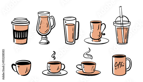 Coffee beverages served in glass and ceramic cups. Vector isolated set of various drinks, latte to go and iced mocha in plastic disposable mug. Breakfast and lunch in cafe or restaurant