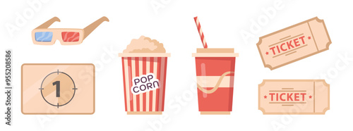 Popcorn and tickets for cinema session. Vector isolated set of admission and soda with straw. 3d glasses for movie, films watching in cinematography. Beverage and snack for enjoying watching