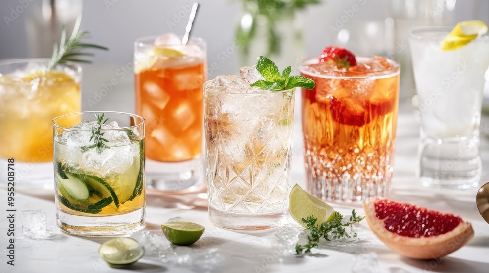 Vibrant Assortment of Refreshing Summer Cocktails and Mocktails with Diverse Garnishes Vibrant Assortment of Refreshing Summer Cocktails and Mocktails with Diverse Garnishes