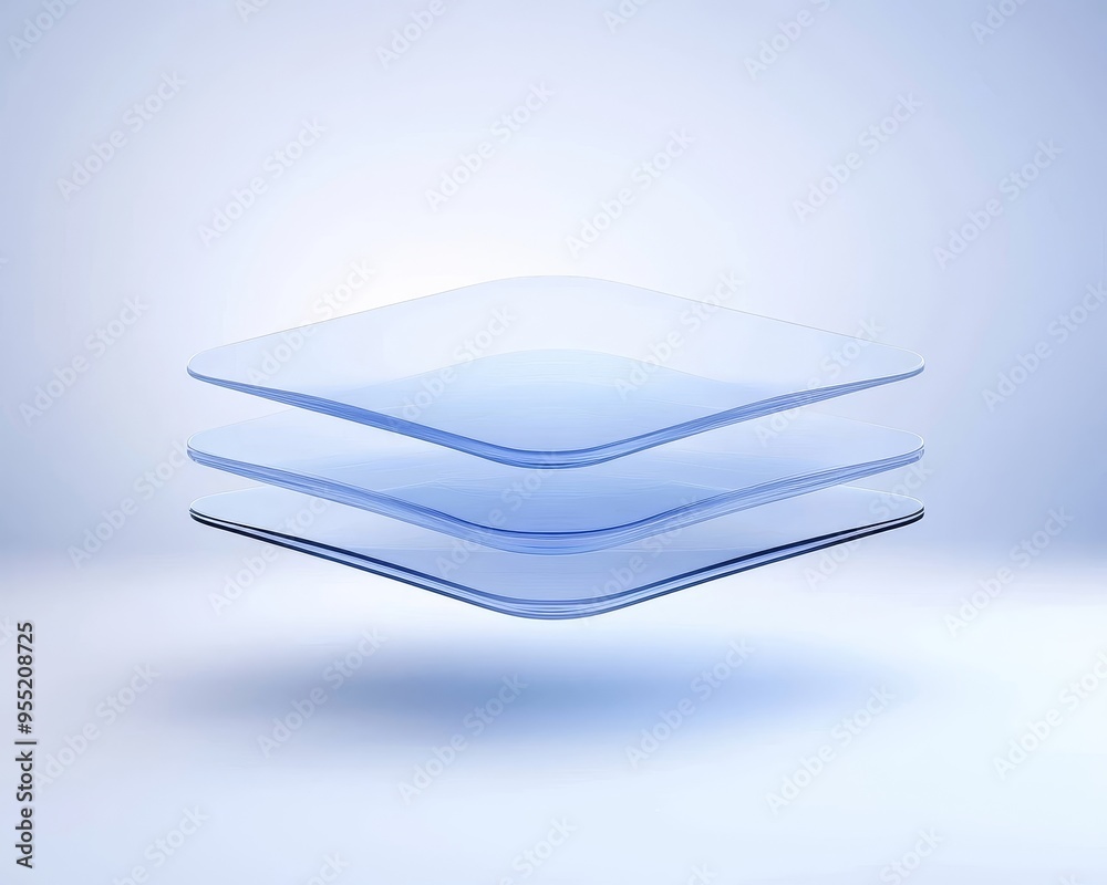 A floating podium with layers of thin, translucent sheets, isolated on a white background