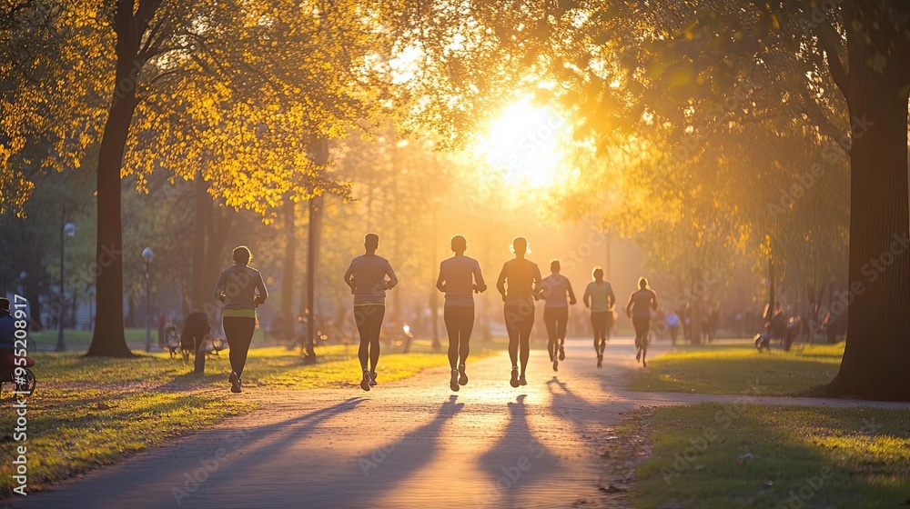 Morning joggers in a park with the sun rising, Monday morning, health and wellness Morning joggers in a park with the sun rising, Monday morning, health and wellness