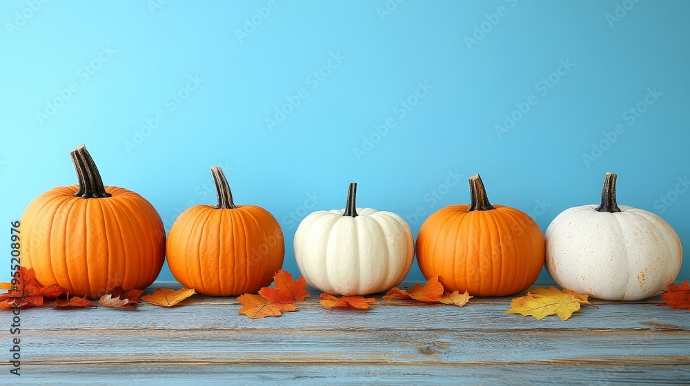 Rustic Pumpkin Display on Wooden Table with Autumn Leaves Rustic Pumpkin Display on Wooden Table with Autumn Leaves