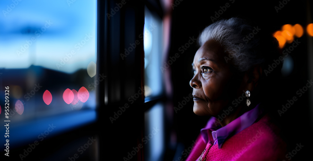 Obraz premium portrait of elderly woman looking to the side with sad, confused face expression; idea of past, years passing by, elderly, loneliness, depression, ageing; copy space; widescreen backdrop