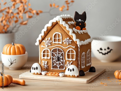 Black cat gingerbread house, spooky Halloween theme, flat design illustration