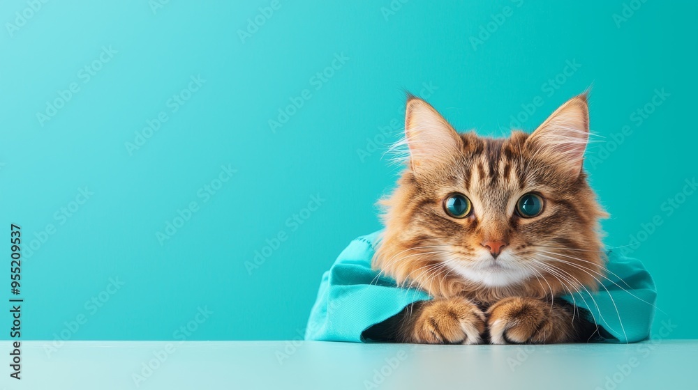 A cute tabby cat wearing a blue shirt sits on a table against a turquoise background, looking curious and attentive. A cute tabby cat wearing a blue shirt sits on a table against a turquoise background, looking curious and attentive.