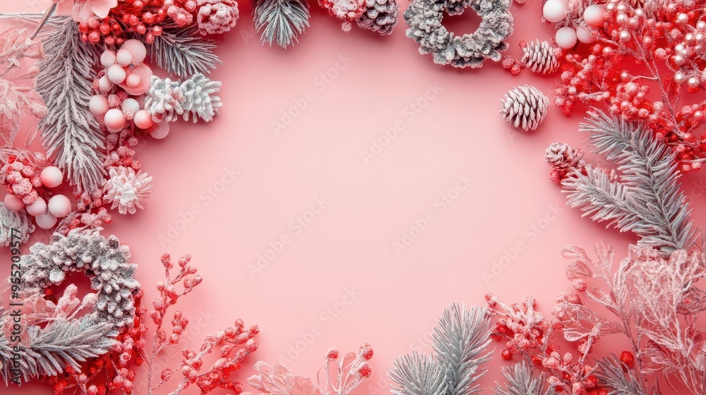 A pastel pink background with elegant Christmas wreaths and an open area for holiday wishes A pastel pink background with elegant Christmas wreaths and an open area for holiday wishes