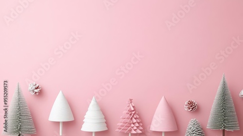 A pastel pink background with minimalist tree designs and a large area for holiday text photo