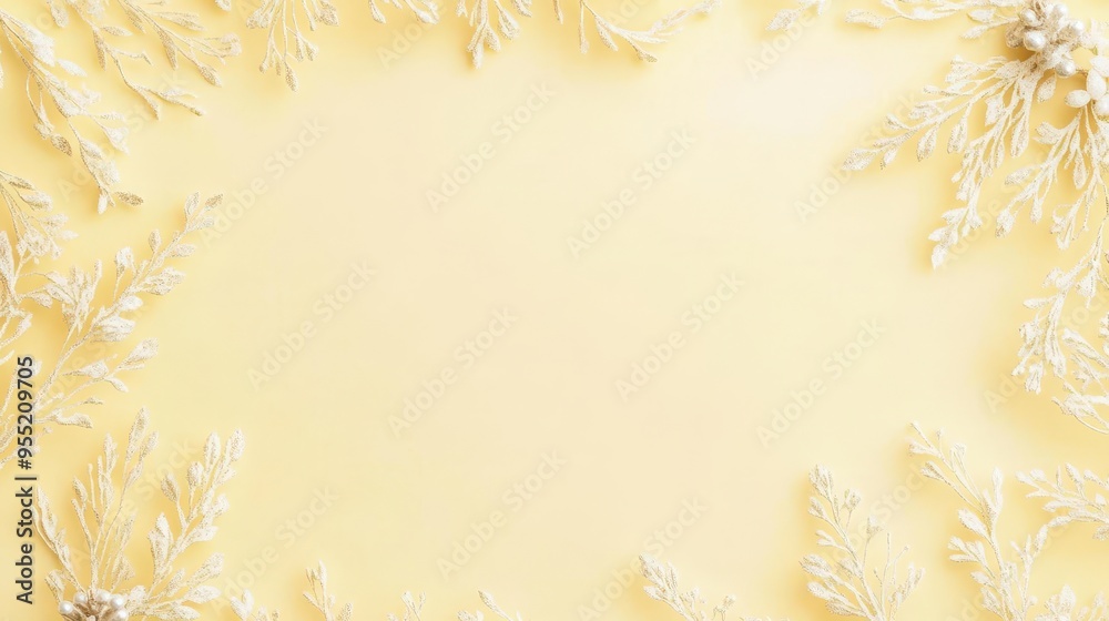 A pastel yellow Christmas background with delicate wreath designs and a blank space for text at the top A pastel yellow Christmas background with delicate wreath designs and a blank space for text at the top
