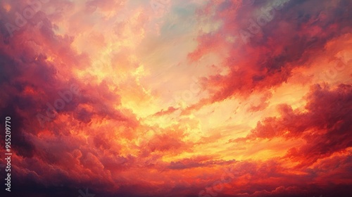 Abstract Painting of a Fiery Sunset Sky with Swirling Clouds