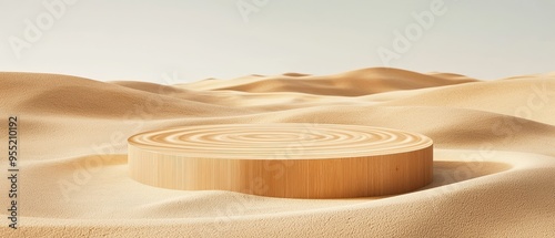 A podium with a surface made of swirling sand, constantly moving and reshaping itself in a desert-like environment photo