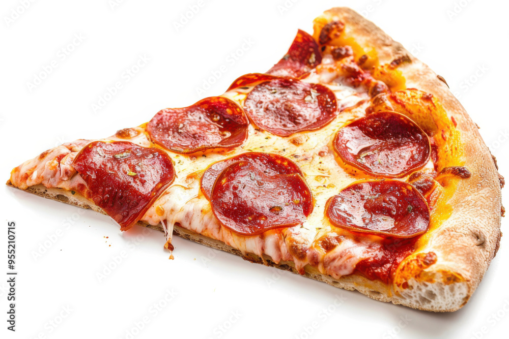 A slice of pepperoni pizza with melted cheese and herbs, showcasing a crispy crust, isolated on white. A slice of pepperoni pizza with melted cheese and herbs, showcasing a crispy crust, isolated on white.