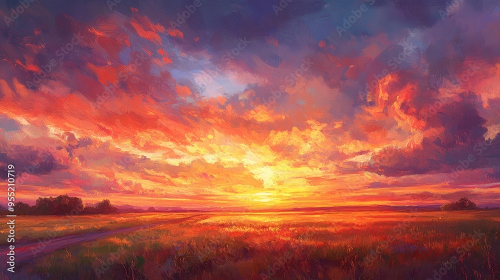 Fototapeta premium Fiery Sunset Over a Field of Tall Grass