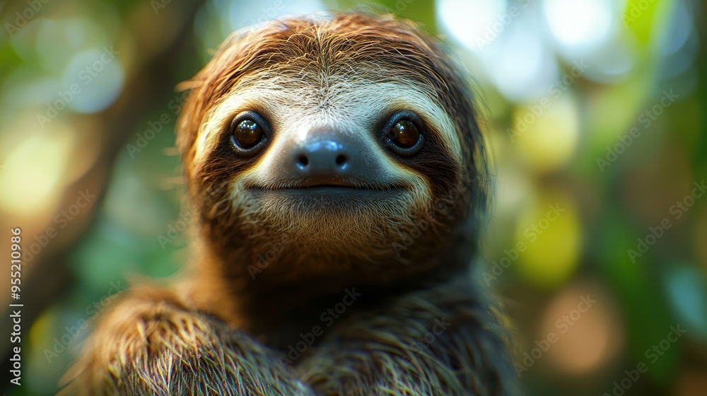 Fototapeta premium Enchanting portrait of a curious sloth, its gentle eyes and serene expression evoking a sense of tranquility and patience