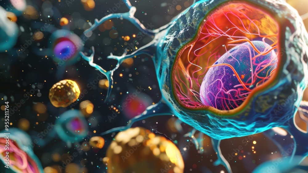 Colorful and detailed 3D rendering of cells and microorganisms in a ...