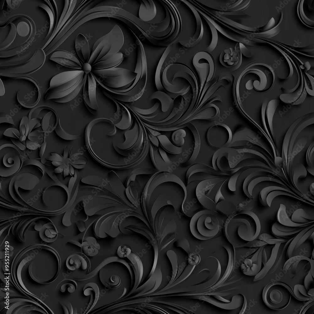 3D black paper texture with intricate swirls and floral elements and seamless pattern. 3D black paper texture with intricate swirls and floral elements and seamless pattern.