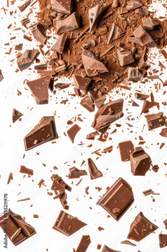 Fototapeta premium Shattered dark chocolate pieces scattered on a white surface, showcasing rich texture and delicious indulgence.