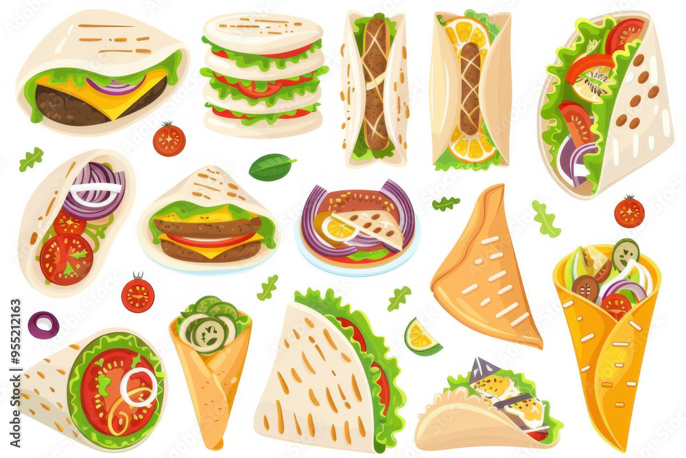 Illustrated assortment of various wraps and sandwiches filled with fresh vegetables, meats, and sauces on a white background. Illustrated assortment of various wraps and sandwiches filled with fresh vegetables, meats, and sauces on a white background.