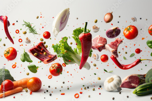 A vibrant assortment of fresh vegetables and herbs floating in mid-air, showcasing healthy ingredients against a white background.
