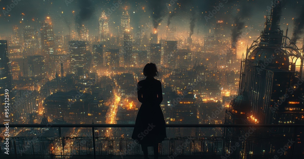 Unrecognizable individual on a balcony, watching the hypnotic, rhythmic flow of a bustling city below Unrecognizable individual on a balcony, watching the hypnotic, rhythmic flow of a bustling city below