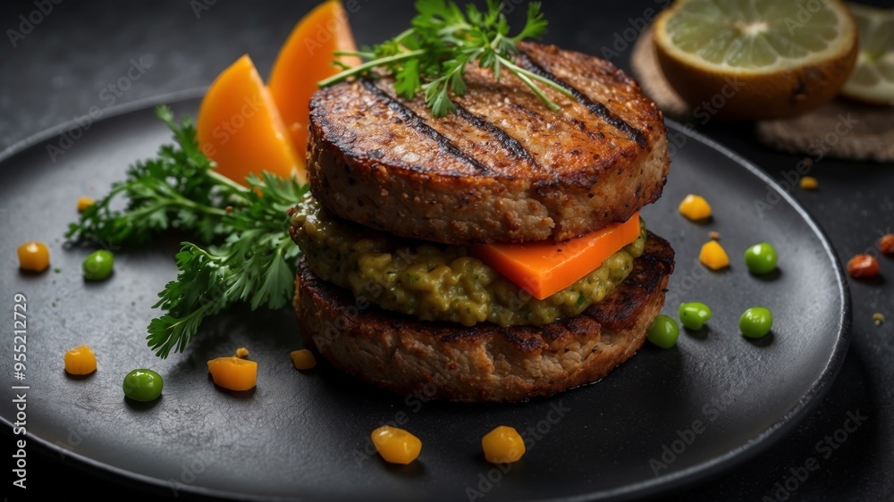 Beautifully plated and garnished savory vegetable patty on dark slate with parsley. Beautifully plated and garnished savory vegetable patty on dark slate with parsley.