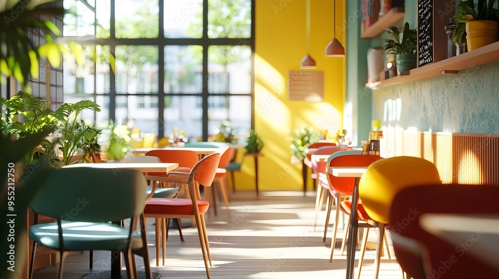 Cozy and Inviting Cafe Interior with Vibrant Decor and Natural Sunlight