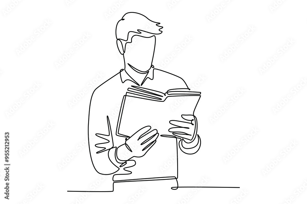 Continuous one line drawing reading book concept. Doodle vector illustration.