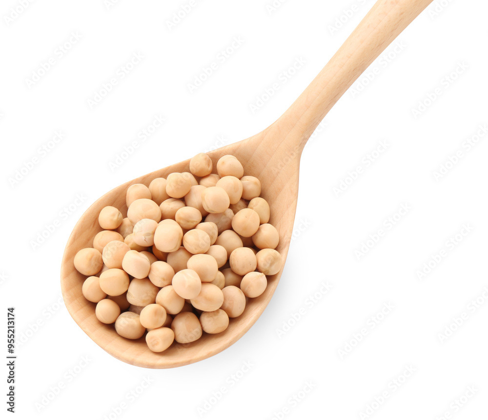 Spoon with dried peas isolated on white, top view Spoon with dried peas isolated on white, top view
