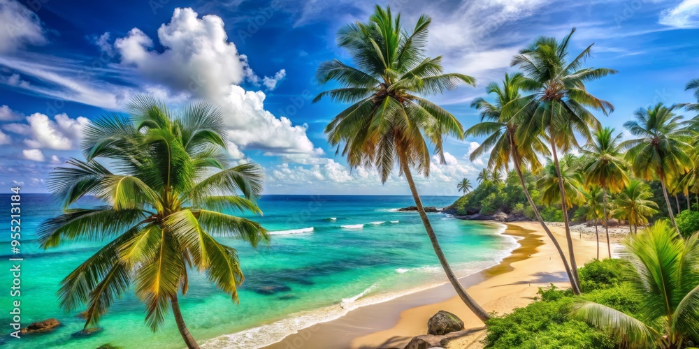 Fototapeta premium Azure waters lap gently against the golden sandbox, where swaying palms dance in the breeze, their silhouettes