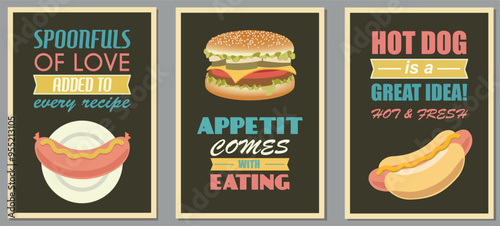 Retro Fast Food Poster Set in Mid Century Modern Style. Vector Illustration