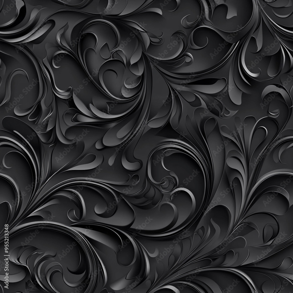 3D black paper texture with intricate swirls and floral elements and seamless pattern. 3D black paper texture with intricate swirls and floral elements and seamless pattern.