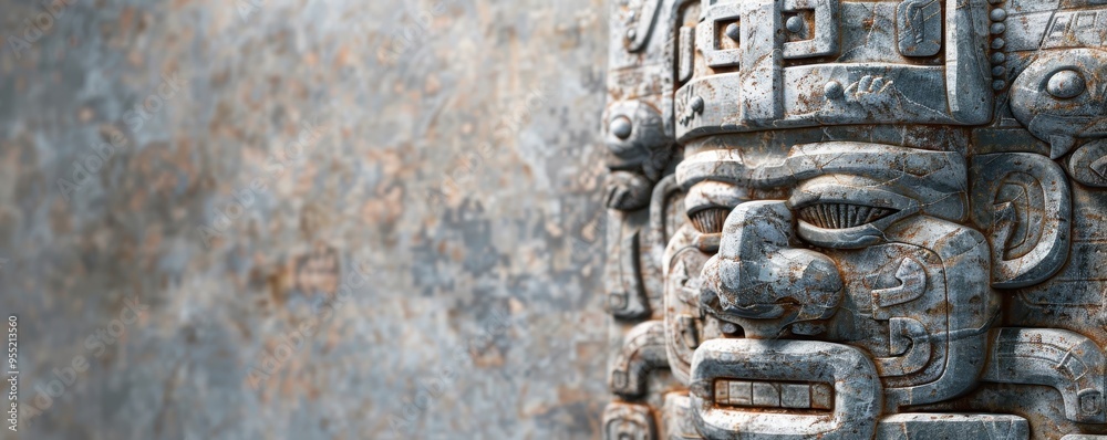Detailed close-up of an ancient carved stone face; a majestic remnant of indigenous culture, set against a textured background. Detailed close-up of an ancient carved stone face; a majestic remnant of indigenous culture, set against a textured background.