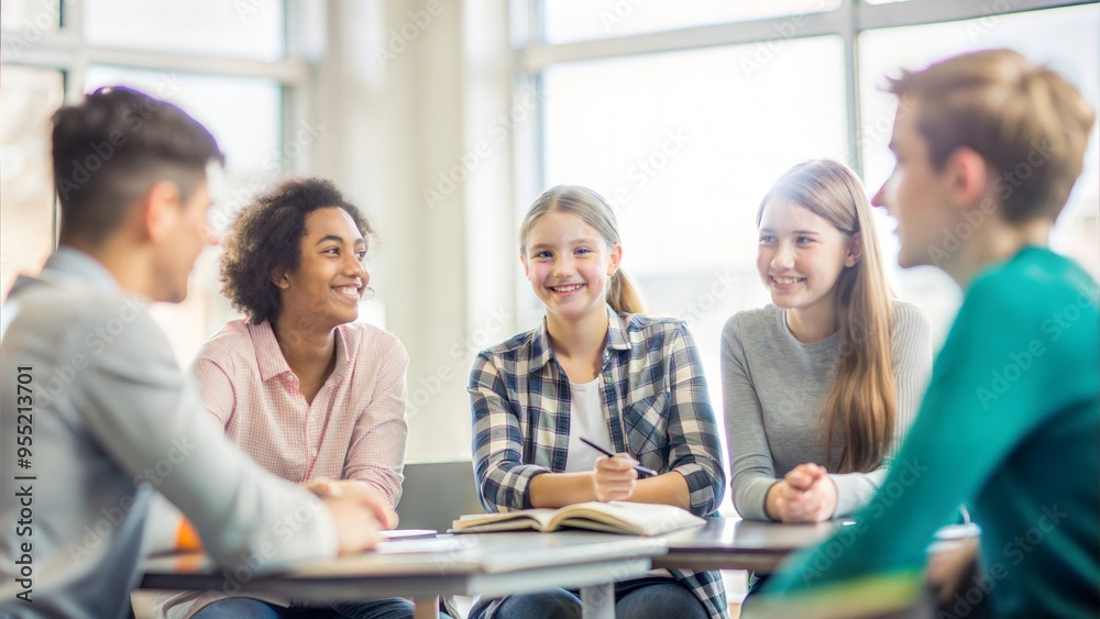 Obraz premium Happy teenagers conversation at classroom before start class, back to school concept