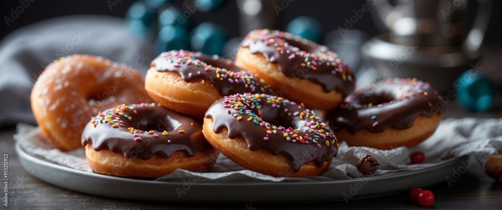 Creative background with delicious glazed donuts.