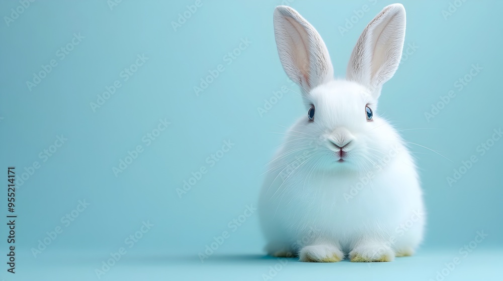 Obraz premium Closeup of a Cute and Fluffy White Rabbit Sitting on a Simple Blue Background