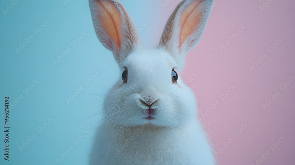 Obraz premium Adorable White Rabbit with Fluffy Fur and Curious Facial Expression on Colorful Studio Background