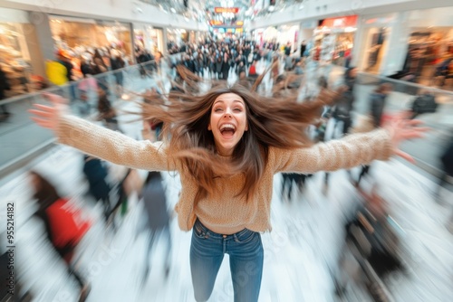 Joyful woman with outstretched arms celebrates in a bustling shopping mall filled with eager shoppers during daytime photo