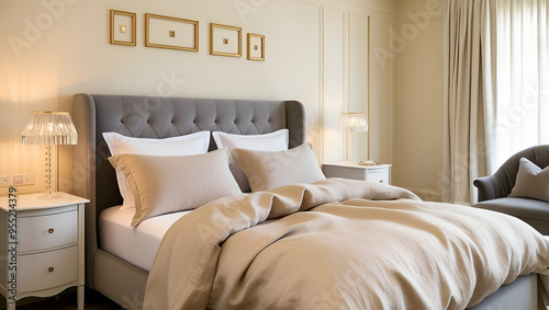 Serene Bedroom Haven: Luxurious linen bedding in a calming beige tone graces an elegant bedroom setting. The soft light and muted colors create a tranquil atmosphere.  photo